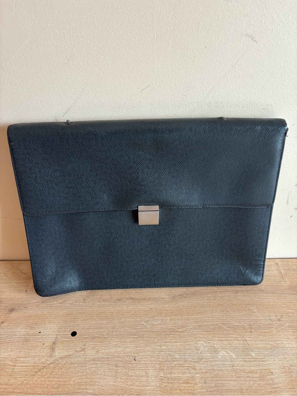 Louis Vuitton Black Leather Briefcase Clutch with Silver Hardware